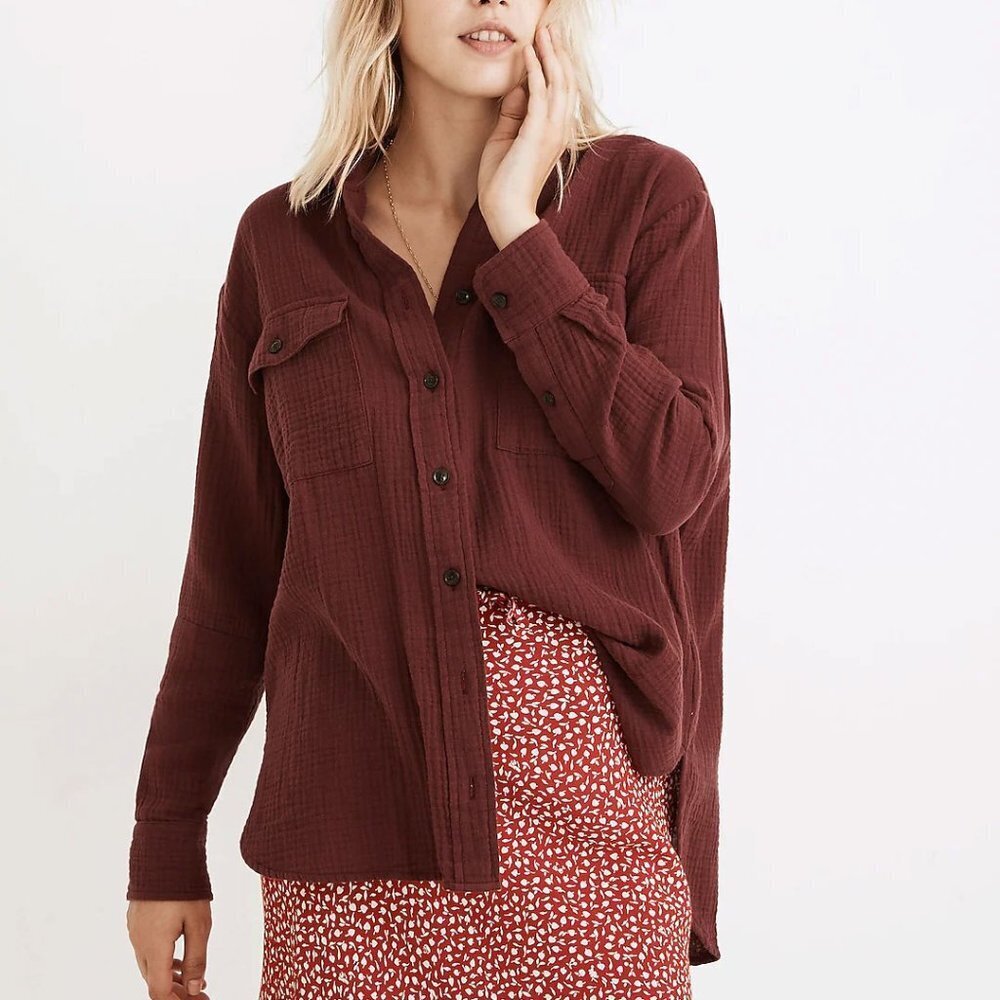 Madewell Women Lightspun Flap-Pocket Oversized Ex-Boyfriend Shirt burgundy ND360